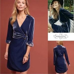 Anthropologie Maeve Dress Women 12 Blue Velvet Wrap Deep V-Neck Long Sleeve Boho
